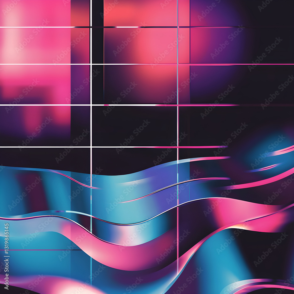 Poster flowing shapes and grid pattern merge in abstract background, creating a modern and dynamic design w