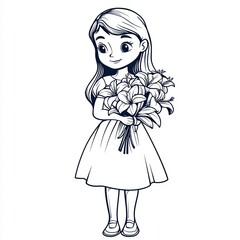 Fototapeta premium Girl with a bouquet: A charming illustration of a young girl holding a beautiful bouquet of flowers, exuding innocence and joy. 