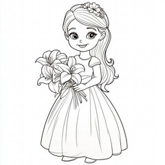 Fototapeta premium Blooming Beauty: A charming illustration of a young girl, radiating innocence and joy, tenderly holding a bouquet of fresh lilies, a timeless symbol of purity and elegance.