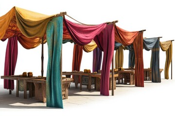 Medieval market square with colorful wooden stalls