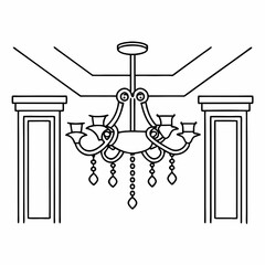 Hand-drawn Illustration of a modern chandelier interior. Stylish furniture for living and office room interior in simple linear style.