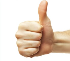 Hand showing thumbs-up gesture against white background