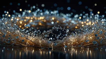 Shimmering Fiber Optic Luminescent Icy Firework Sparkles in Silver, Gold, and White Confetti, Black Bokeh Effect Background