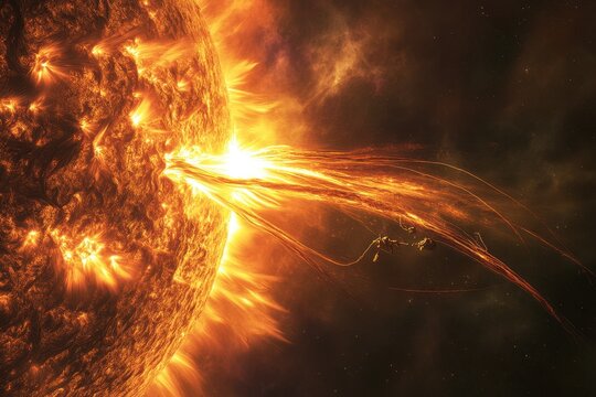 Solar eruption emitting bright plasma in vibrant colors against a dark cosmic background
