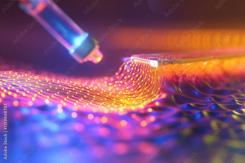 Poster colorful light patterns are created by a laser on a wavy surface in a science lab setting