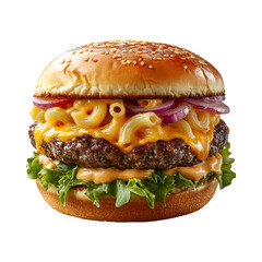 Mac and Cheese Stuffed Burger with Cheese and Onions Isolated on Transparent Background