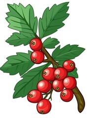 Obraz premium Cartoon illustration of a rowan branch with red berries and green leaves, isolated on white background