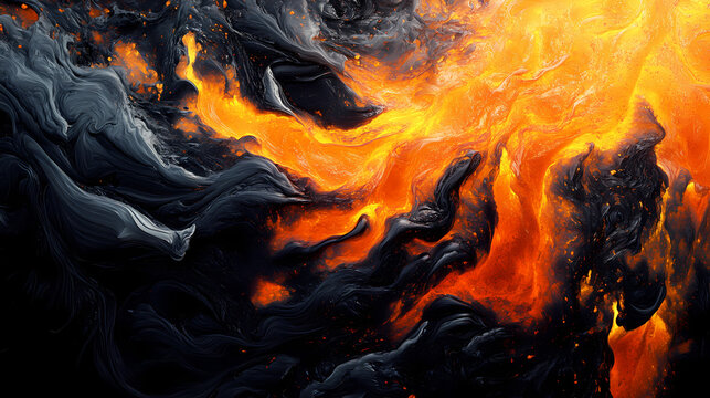 Dynamic lava flow with scorching sprays and incandescent embers, revealing nature's power and charm at twilight. Incandescent Flow. Illustration