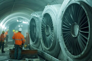 Workers wearing orange safety vests and hard hats are engaged in activities related to a large tunnel project