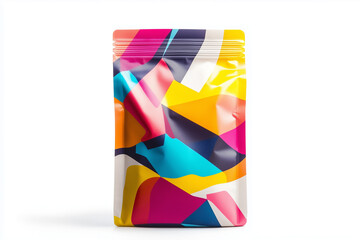 Matte finish snack bag with modern geometric design, vibrant colors, dynamic composition, white background