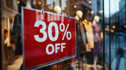 Fashion Boutique Window with Bold 30% Off Sale Sign for Retail Promotions, Shopping Discounts, and Seasonal Sales