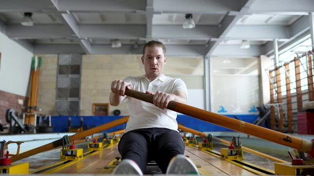 Serious athlete team captain working hard on rowing simulator, breathing heavily. Rowing team concentrating on power technique, endurance, preparing for race, pushing limits for sports success
