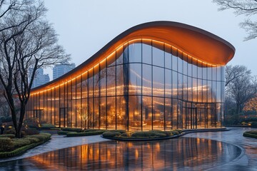 Fototapeta premium Modern glass building with curved roof, illuminated at dusk. Showcase luxurious architecture & design, ideal for real estate or hospitality.