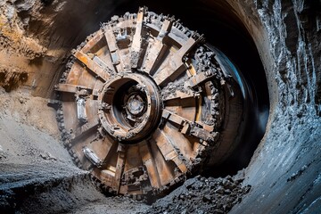A large tunnel boring machine works diligently to excavate soil while constructing an underground tunnel. Dust and debris are expelled as it progresses through rocky terrain