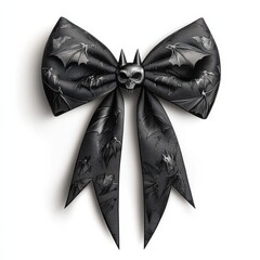 Intricately designed black bow featuring bat motifs
