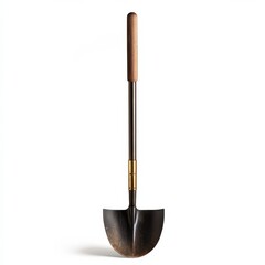 A garden shovel featuring a wooden handle set against white