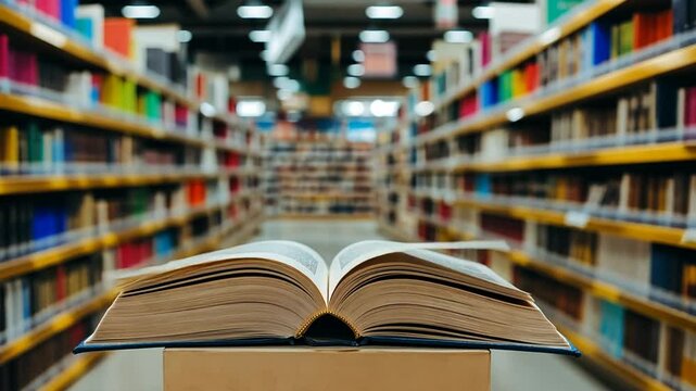 Opened book lying on a box in a library with blurred rows of colorful books