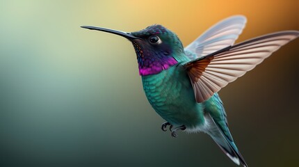 Fototapeta premium Hummingbird in Flight: A stunning hummingbird in full flight, showcasing its vibrant plumage and intricate wing movements. The bird's iridescent colors gleam in the natural light.