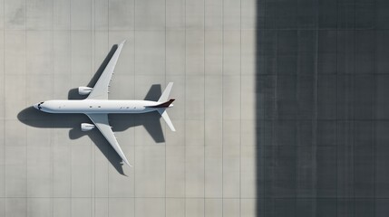 Airplane on runway shadow visible. Aircraft on tarmac aerial view. AI generated