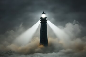 Strong lighthouse guiding ships through foggy storms at night in a coastal area
