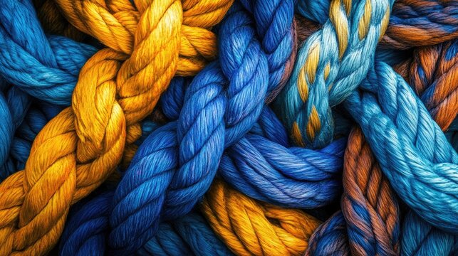 Intricate Knot Tangle: A Colorful Study in Yellow and Blue Ropes Symbolizing Complexity and Hope