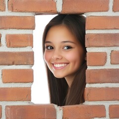 Cheerful woman peeking through a brick wall opening