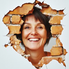 Cheerful woman peeking through a brick wall