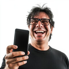 Happy man with glasses enjoying his smartphone