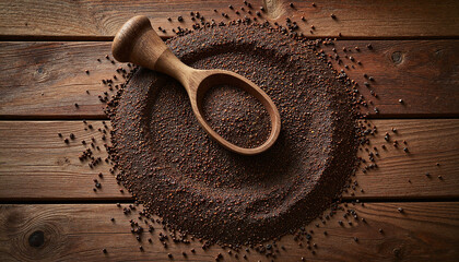 Mexico&rsquo;s Organic Chia Seeds &ndash; Symmetrical Circular Pattern with Rustic Wooden Scoop on Aged Wood for Health Blogs, Superfood Markets, and Sustainable Living Content