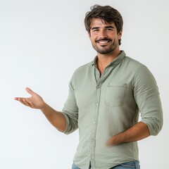 Handsome man gestures warmly in casual setting