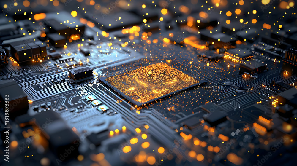 Poster close up of a circuit board with golden glowing microchip and data flow