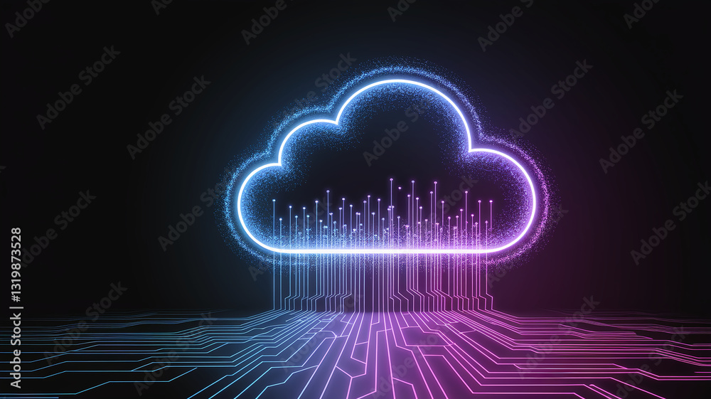 Poster glowing cloud symbol with circuit lines below, representing data storage, connectivity, and cloud co