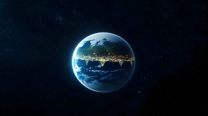 A Partially Illuminated Planet Earth From Space at Night with Visible Continents, Oceans, and City Lights