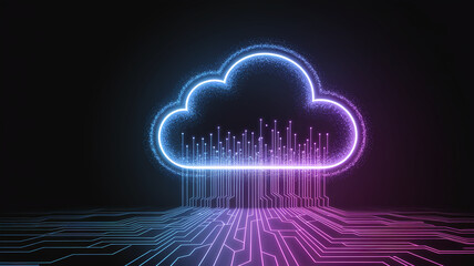 Glowing cloud symbol with circuit lines below, representing data storage, connectivity, and cloud computing technology, suitable for tech or digital concepts