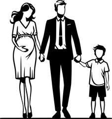 happy family with a baby,A touching family scene with a pregnant woman, her husband, and their child, portrayed in a silhouette style, exuding harmony.