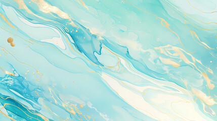 Abstract fluid art in soothing blue and gold tones, creating a calming atmosphere for backgrounds