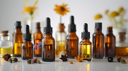 Amber Glass Bottles with Essential Oil and Flowers in Soft Focus on White Background in Warm Light