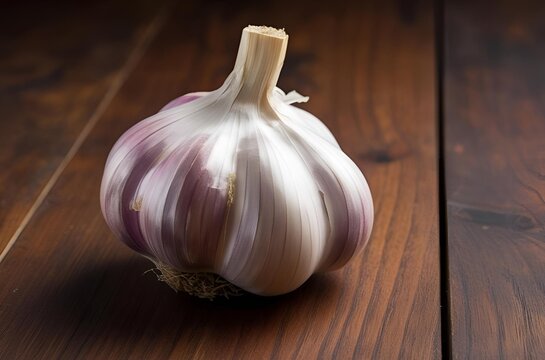 A close-up of a garlic on wood table