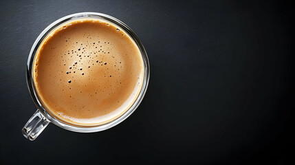 Overhead View Of Coffee In Glass Cup On Dark Background Displaying Rich Brown Beverage and Foam Detail