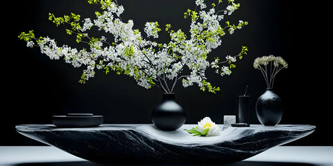 Minimalist Product Photography Scene Featuring Elegant Vases and Delicate Flowers on a Black Background