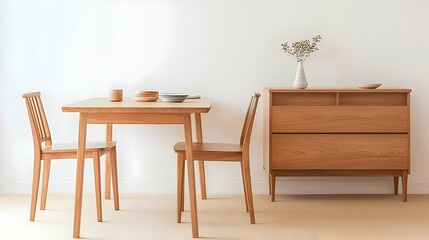 Modern Minimalist Dining Room Interior Design With Light Oak Wood Furniture Set Table Chairs And Dresser On Beige Carpet In A Bright Room With White