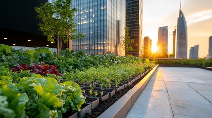 Fototapeta premium Urban Rooftop Garden at Sunset with Fresh Vegetables and Skyline