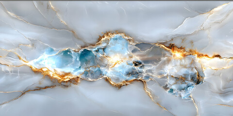 Polished Marble Surface with White Background Featuring Blue and Gold Veining Patterns