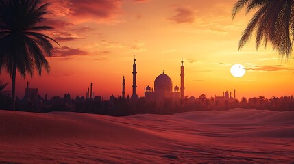 A serene sunset over a desert landscape featuring a grand mosque silhouette.