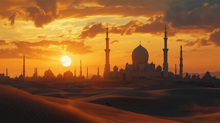 Naklejka premium A serene sunset over a grand mosque, surrounded by desert dunes.