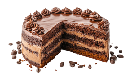 Chocolate cake with coffee isolated on transparent, cut out white.