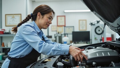 Focused young woman repairing car engine in bright garage, with tools and equipment in the background, automotive service concept of mechanic shop