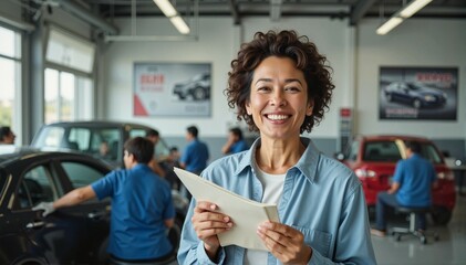 Obraz premium Smiling woman with curly hair holding a clipboard in a busy auto repair shop, bright and modern background, customer service concept of automotive industry