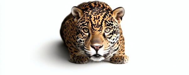 Fototapeta premium A powerful spotted feline lies down looking forward directly at viewer