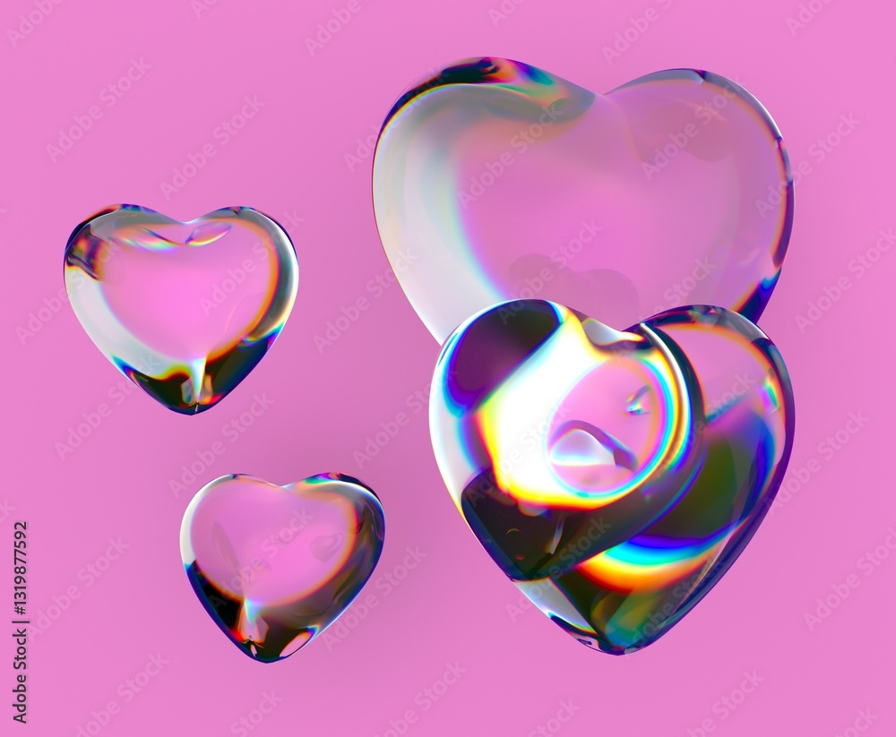 Poster 3d transparent hearts with iridescent reflections float against a bright pink backdrop, creating a d